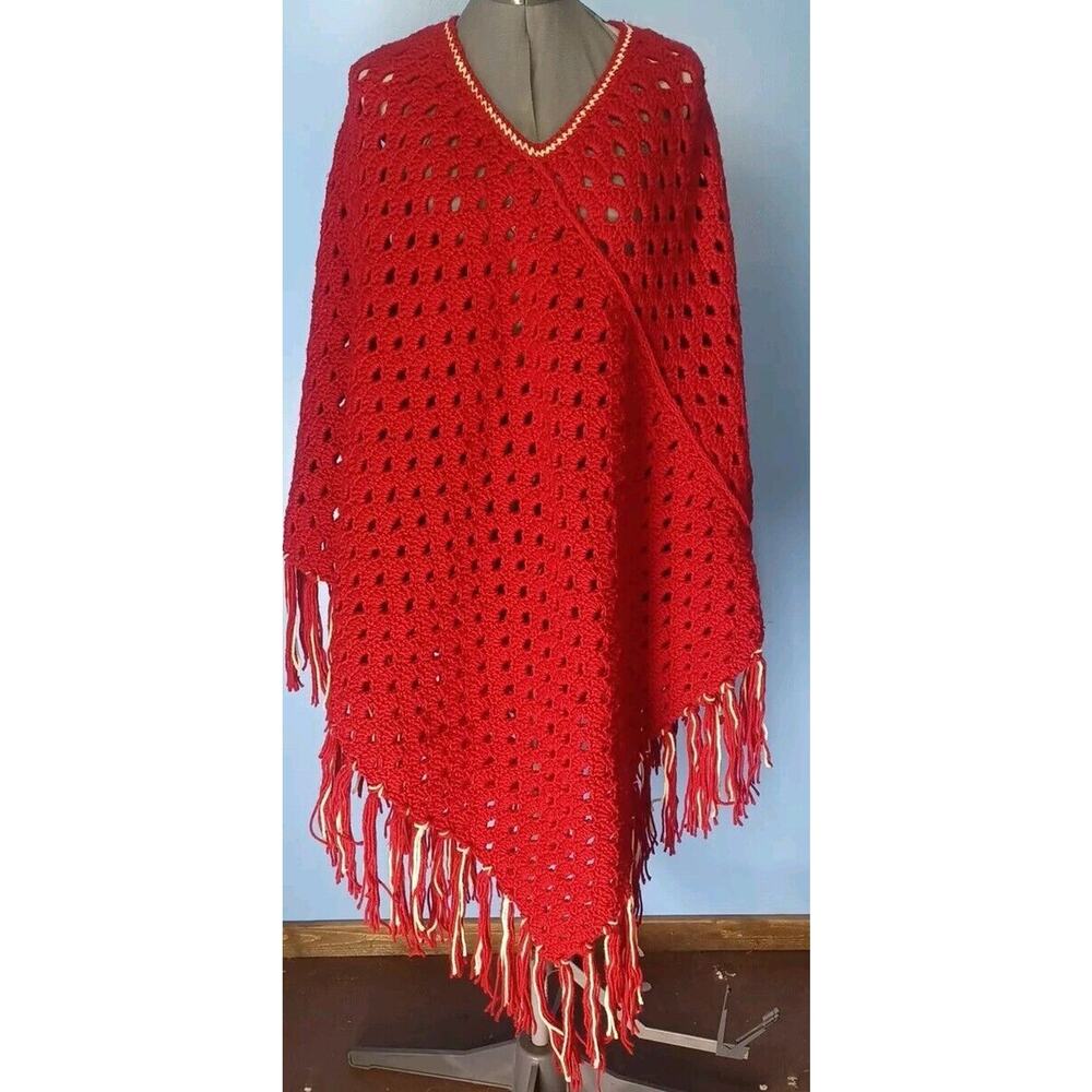 Vintage Hand Knit Crochet Granny Boho Fringe Hippie Poncho Cape 70's 80's - Picture 1 of 6